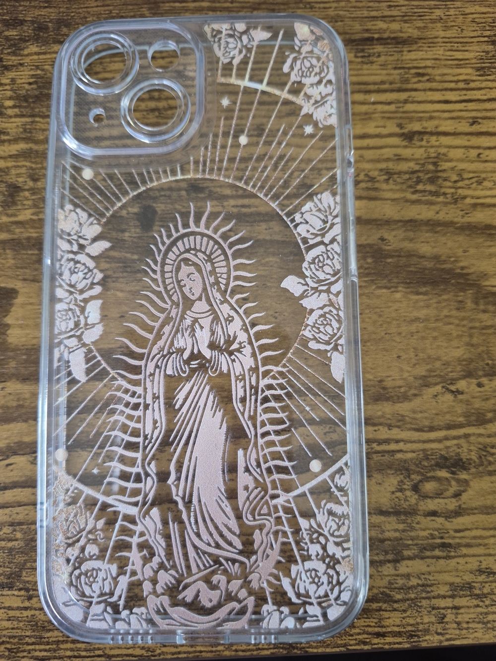 Clear Rose Gold Virgin Mary iPhone 15 Case - Religious Decorative Cover